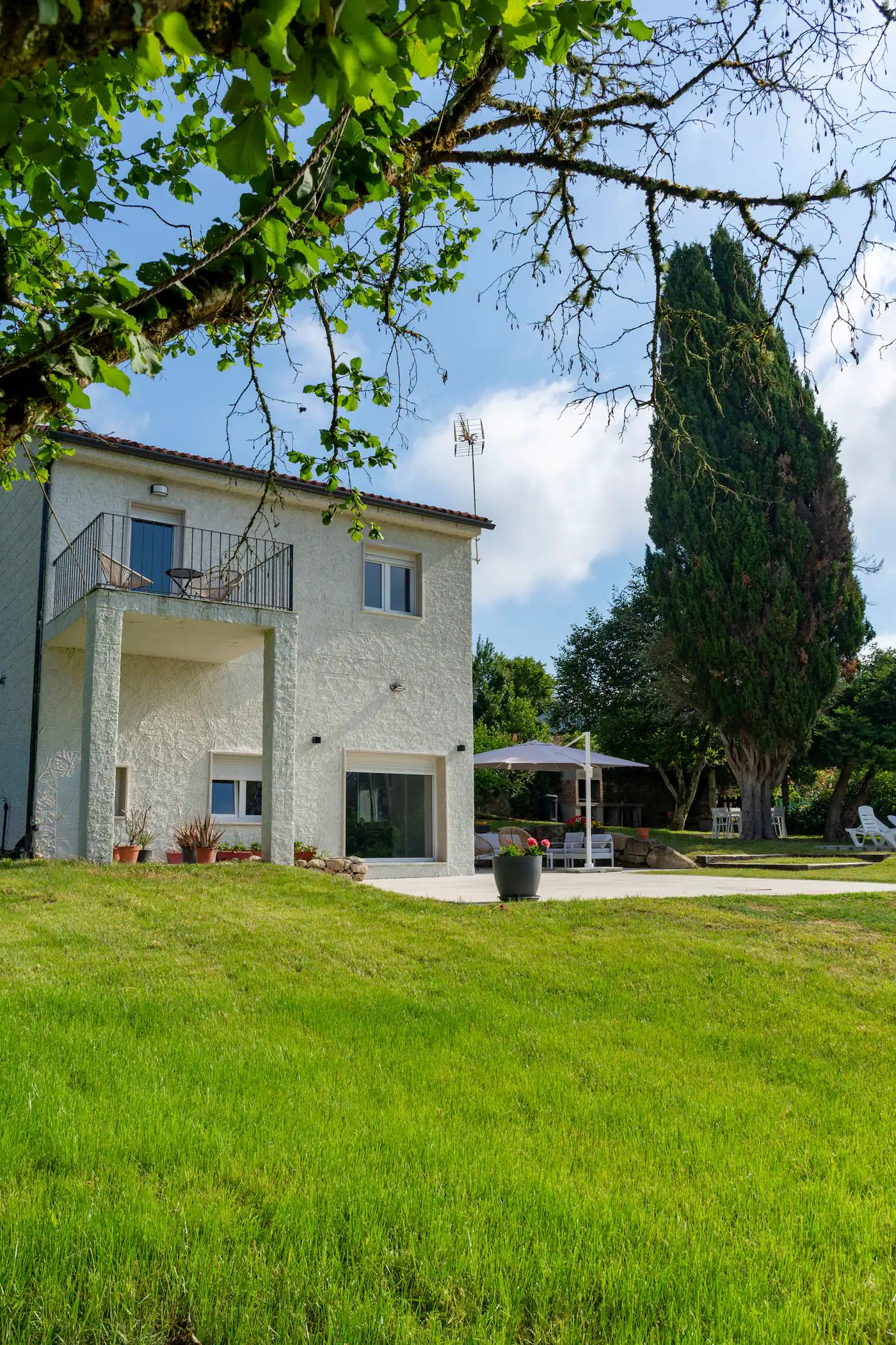 Fachada de O Fogar do Ciprés junto al ciprés centenario, Galicia